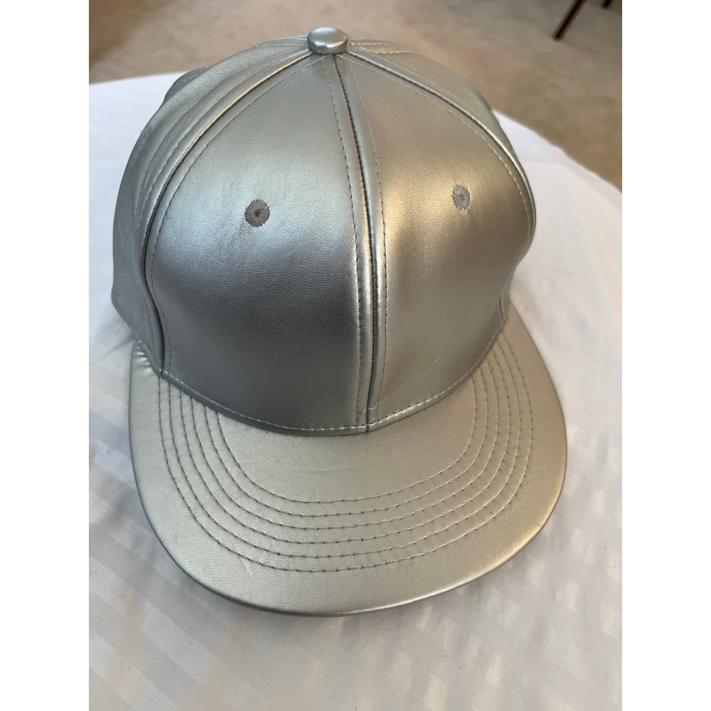 USA Metallic Silver Faux Leather Snapback Hat Flat Brim Baseball Cap Mens Womens